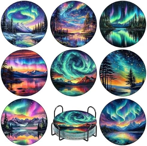 askkqtx 8 Pcs Aurora Diamond Art Coasters Kits with Holder 4X4 Inch by askkqtx