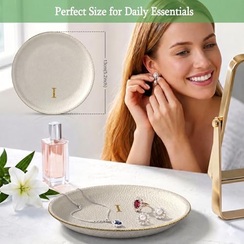 Initial Jewelry Dish for Women, Shatterproof Vegan Leather Ring Holder with Stainless Steel Core, Personalized Monogram Trinket Tray, Birthday Bridesmaid Gift with Box (Cream Letter I) - Image 6