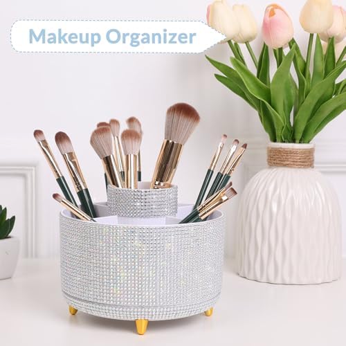 SKYDUE 360 Degree Rotating Desk Organizer, Shining Dual-Purpose Rhinestone Pencil Pen Holder, Rotating Desk Pen Organizer with 5 Slots, Rhinestone Pencil Cup for Office, School, Home - Image 4