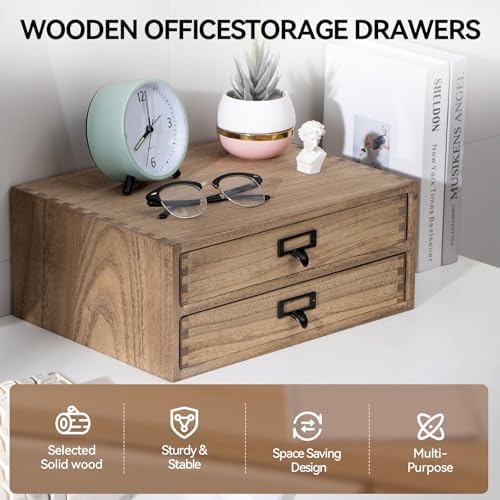 KIRIGEN Solid Wood Desk Organizer with 2 Drawers, Desktop Storage, Brown - Image 3