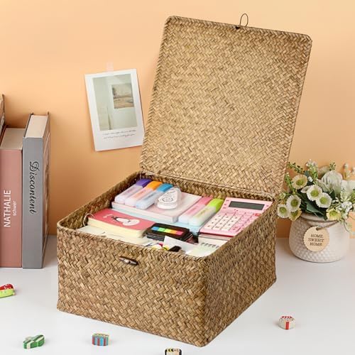 Hipiwe Seagrass Wicker Storage Basket Box with Lid, XX-Large 13"x13"x7.1" - Image 2