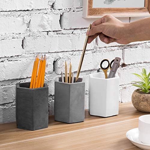 MyGift Cement Hexagon Pen Holders, Desktop Pencil Cups, Set of 3 - Image 2