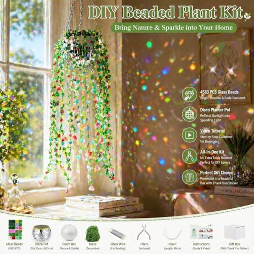 Beaded Plant Kit Green Glass Beads Flower Leaf Suncatcher Disco Ball Hanging Planter Seed Glass Beads Leaves Bulk Forever Sun Catchers Complete Craft Set for Adults Home Decor Meaningful DIY Gift - Image 3