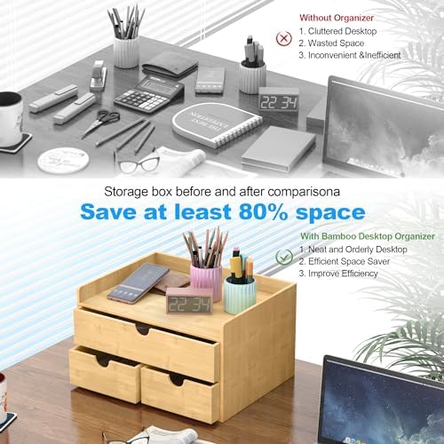 Bamboo Desk Drawer Organizer, Large Desktop Organizer with Drawers Tabletop Storage Organization Box for Office Home Toiletries Supplies Vanity, No Assembly Required (3 Drawer with Shelf) - Image 6