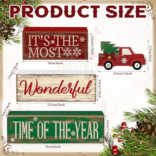 Moucuny 4 Pcs Christmas Red Truck Centerpiece Wooden Block Signs Tabletop - Image 3