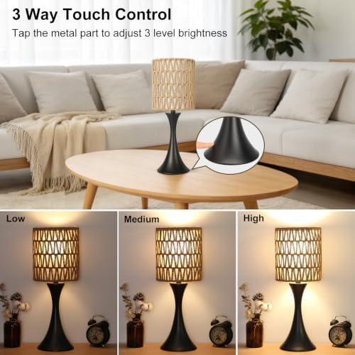 Rattan Table Lamp, 3 Way Touch Control Bedside Lamp with Dual-Layer Shade - Image 3