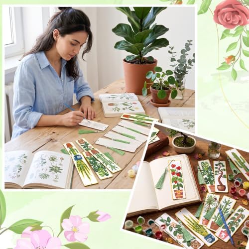 Kosiz 12 Pcs Plants Paint by Number Kit for Adult Green Wood Bookmark - Image 6