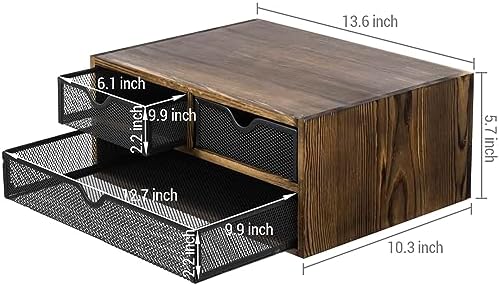 MyGift Rustic Burnt Brown Solid Wood Desktop Organizer Box with 3 Removable Black Metal Mesh Trays, Office Desk Supplies Storage Drawers for Accessories - Image 3