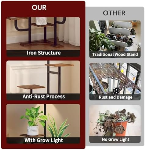 Homsorout Corner Plant Stand with Grow Light - 6 Tier Plant Stand Indoor Square Metal Plant Shelf with Adjustable Light, Plant Organizer for Living Room, Graden, Home Decor, Brown - Image 4