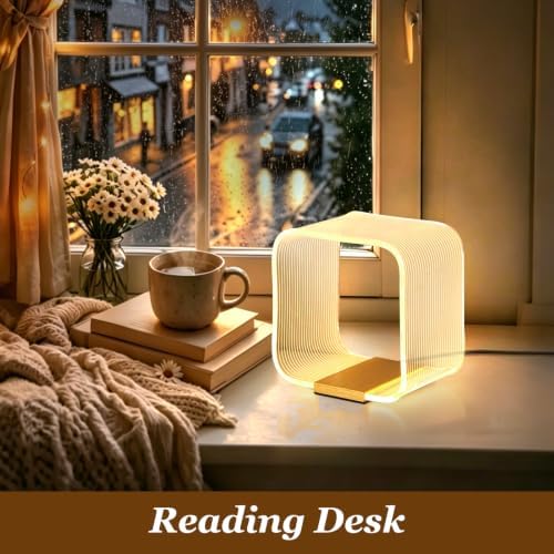 LED Small Table Lamp, Modern Minimalist Square Hollow Acrylic Nightstand Lamp, Warm Plug-in Desk Lamp for Bedroom Living Room Home Decor - Image 2