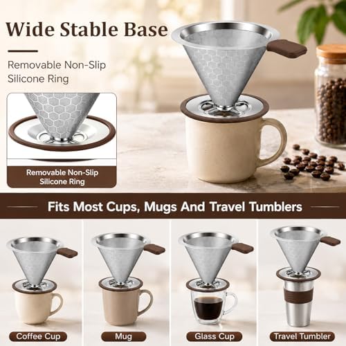 Pour Over Coffee Dripper, Stainless Steel Coffee Filter 600 Mesh Ultra-Fine,Paperless Reusable Coffee Filter,1-2 Cup Portable Single Serve Coffee Maker for Home Office Travel - Image 7