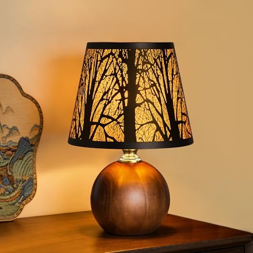 11.4" Rustic Solid Wood Small Table Lamp with Metal Forest Shade by Unknown