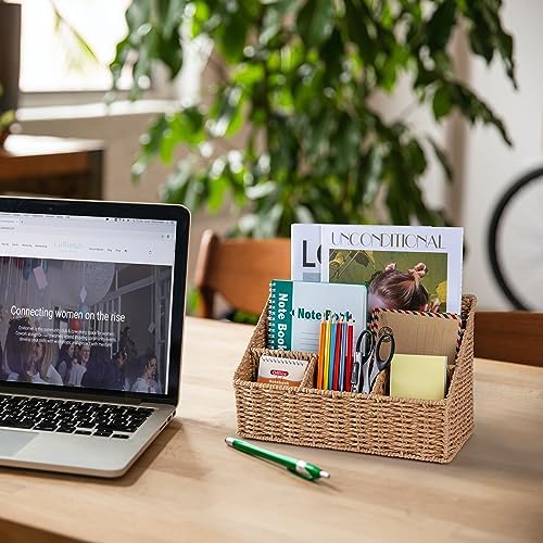 DINGTAI Rattan Desk Organizer, Tabletop Mail Holder, 5 Slot Mail Organizer Countertop Basket, Rattan Office Supplies, Boho Office Desk Accessories, Wicker Desk Organizer, Magazine Holder（Wicker） - Image 2