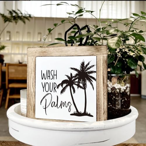 Wooden Box Sign for Bathroom Decor - Farmhouse Tabletop Washroom Decor, Tropical and Coastal Style - B6-68 Wash Your Palms Sign - Image 4