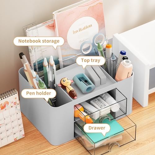 Marbrasse Pen Organizer with 2 Drawer, Multi-Functional Pencil Holder for Desk, Desk Organizers and Accessories with 5 Compartments + Drawer for Office Art Supplies (Grey) - Image 2