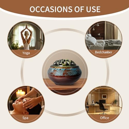 Ceramic Incense Burner, Bowl Burner,Cone Incense Burner with Brass lid for use with Stick or Cone-Shaped Incense，Lotus Incense Stick Holder Calabash Incense Stick Holder, 3pc (Fambe Blue) - Image 6