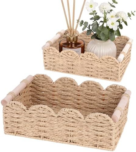iEGrow Paper Rope Small Storage Baskets for Organizing, Set of 2 Scalloped Edge Wicker Basket with Wooden Handles Toilet Paper Basket for Over Toilet Storage Shelf, Home Decor, Living Room (Beige) by iEGrow