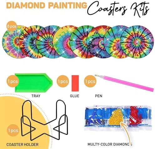 8 pcs Diamond Painting Coasters | Diamond Art Coasters | Tie Dye Diamond Art Painting | Perfect Art Craft Gift for Tie Dye Lover, Dad, Mom, Grandparents, Brother, Sister. - Image 2