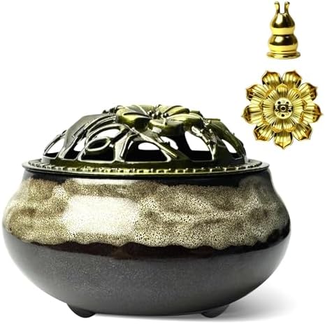 Ceramic Incense Burner, Bowl Burner,Cone Incense Burner with Brass lid for use with Stick or Cone-Shaped Incense，Lotus Incense Stick Holder Calabash Incense Stick Holder, 3pc (Fambe White) by X%26Y+Life