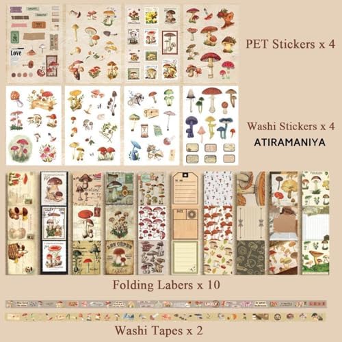 ATIRAMANIYA 346pcs Vintage Scrapbook Kit Aesthetic Junk Journal Set with Stickers, Washi Tape, A6 Notebook & Decorative Paper, All-in-One Scrapbook Kit Stationery (Mushroom) - Image 6