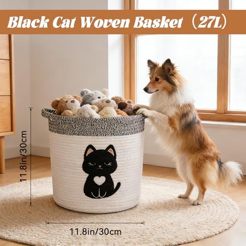 Black Cat Storage Basket - Woven Cotton Rope Basket with Soft Felt Patch, Foldable Organizer for Nursery, Pet Toys & Laundry, Gift & Home Decor (11.8 Inch, Washable) - Image 2