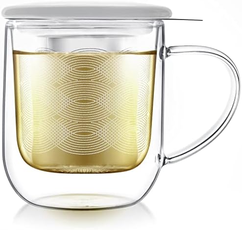 Teabloom Tea-For-One Steeping Mug – Insulated Double Wall Glass Mug (12 oz), Stainless Steel Infuser, Porcelain Lid/Coaster – Radiance Brewing Mug by Teabloom
