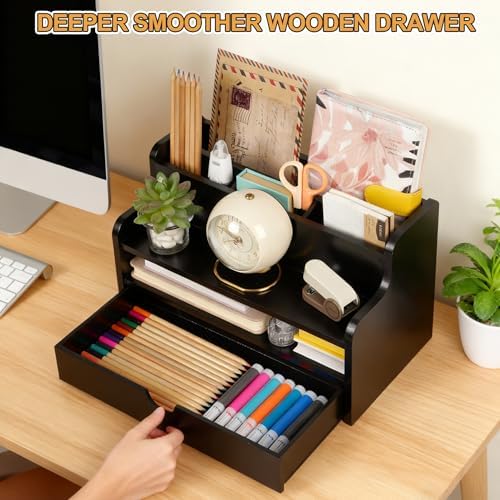 Mail Organizer Countertop, 4 Slots Desk Organizer with Drawer and Shelf - Image 3