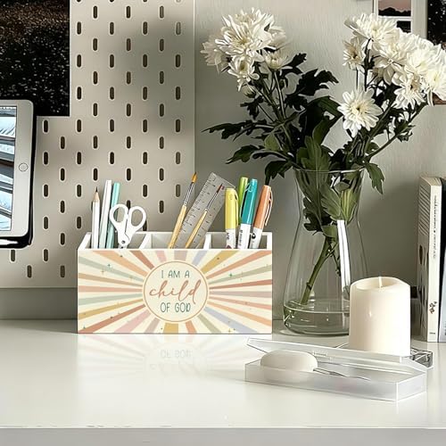 Boho Sunshine Christian Pen Holder, Christian Gifts Pencil Holder for Desk, I Am a Child of God Bible Verse Wooden Box Sign Decorations for Kids Nursery Room Bedroom Classroom Desk Tabletop - Image 2