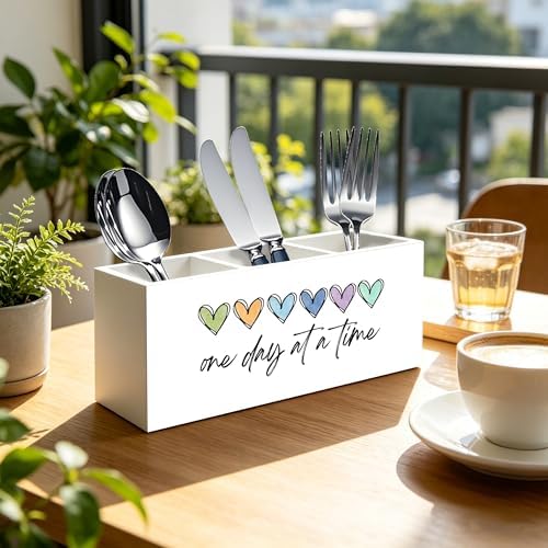 One Day At a Time Inspirational Mental Health Recovery Pen Pencil Holder Organizer for Home Therapy Office Desk Accessories, Motivational Self Love Wood Signs Makeup Brush Toothbrush Holder - Image 2