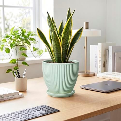Ceramic Plant Pot, 8 Inch Flower Pots with Saucer, Mint Green - Image 3