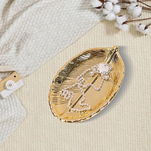 Trinket Dish Decorative Bowl - Jewelry Dish Tray Golden Leaf Shaped Ceramic Ring Bracelet Necklace Holder for Birthday Party Wedding Womens Ladies Girls Small - Image 2
