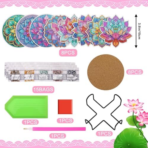 UPINS 8Pcs Lotus Diamond Art Painting Coasters Kits with Holder, Diamond Art Non Slip Coaster Kits DIY with Holder Crafts for Adults Diamond Art Painting Kits Supplies for Holiday Gift - Image 2
