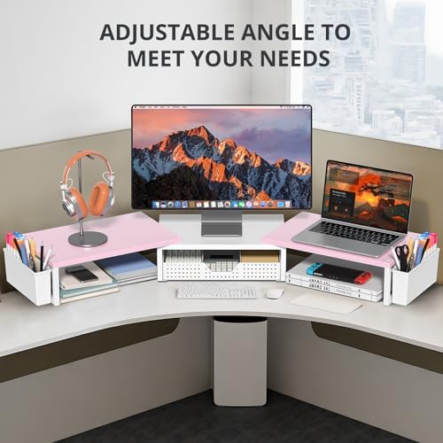 OPNICE Desk Organizers and Accessories, Dual Monitor Stand Riser with Drawer and 2 Pen Holders, Desk Shelf Printer Stand for Office Workspace Organizers, Desktop Organization (Pink-White) - Image 5