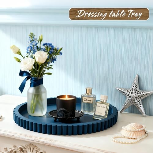 Handmade 12in Decorative Tray for Coffee Table Tray Decor, Blue Wooden Decorative Round Tray for Kitchen, Living Room, Home Decor - Image 3