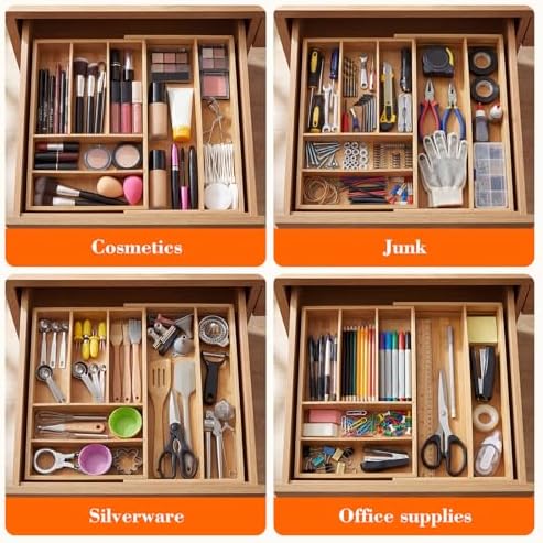 Briwooody Bamboo Sliding Desk Drawer Organizer 9.4'' up to 18'' x 15'' x 2'' Expandable Office Desk Accessories Supplies Tray with 7 Compartments for Pens, Notebooks, Rulers, and Makeup Jewelry Vanity - Image 6