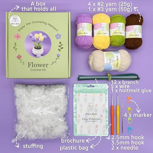 Lily's Lyric Flower Crochet Kit | Tulip Flowerpot | Step-by-Step Video Tutorial for Adults Teenagers | DIY Home Decoration Craft Gift Idea Purple&Yellow - Image 3