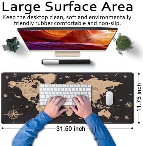 World Map Desk Mat Historical World Map Desk Pad Extra Large Computer Mouse Pad XL Black Topographic Mousepad Keyboard Pad for Desk Gaming Computer Laptop Office Non-Slip Desk Pad 31.5x11.8 in - Image 6