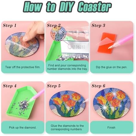 Zynlio Flowers Diamond Art Coasters Diamond Painting Coasters Kits with Holder Flowers DIY Coaster for Adults Beginners, Diamonds Art Crafts Supplies - Image 2