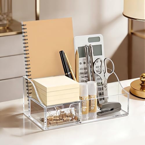 HBlife Acrylic Desk Organizer with Drawer, Pen & Pencil Holder, Multifunctional Desktop Caddy for Office Supply and Organization (Clear) - Image 6