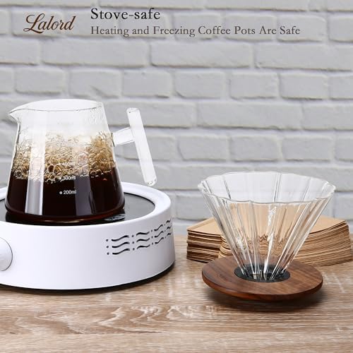 Lalord Pour Over Coffee Maker, 20 oz Borosilicate Glass Set with 100 pcs Paper Filter, Walnut Collar & Glass Lid, Drip Coffee Maker, 1-3 Cups, Clear, 600 ml, Petal Shape - Image 5