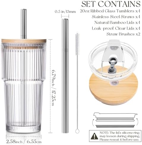 KEMORELA 20oz Ribbed Glass Tumblers with Bamboo Lids & Straws, Boba Cups - Image 2