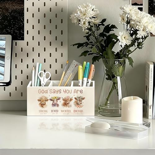 Highland Cow Christian Pen Pencil Holder for Desk, Christian Gifts for Women, God Says You Are Bible Verse Western Highland Cow Wooden Box Sign Decorations for Home Office Desk Tabletop - Image 2