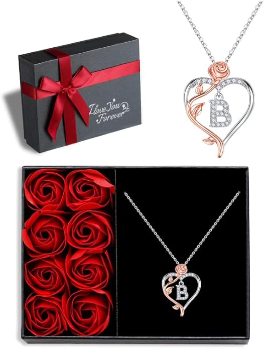 Iefil Stocking Stuffers for Women Wife - 925 Sterling Silver Rose Heart Initial Necklace, Christmas Anniversary Birthday Gifts for Women, Jewelry Gift for Her Wife Girlfriend Mom Daughter