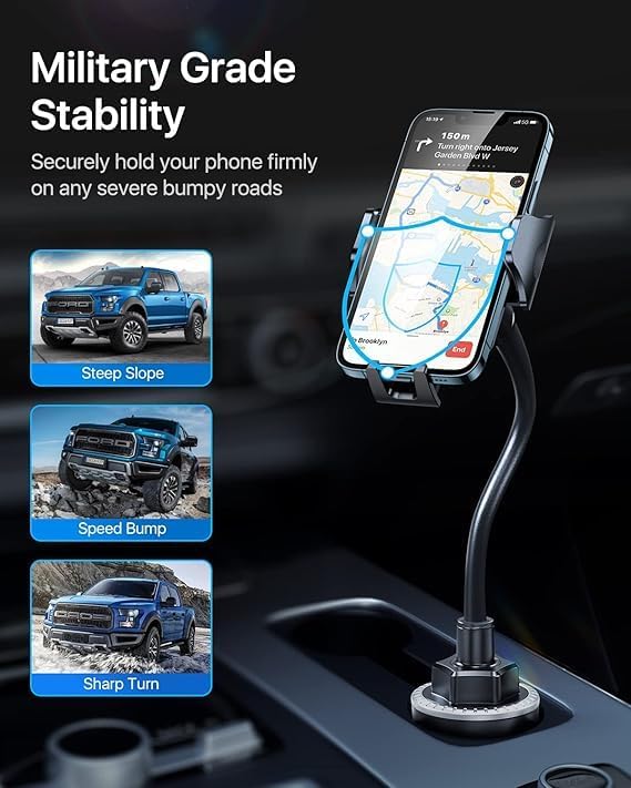 andobil Military-Grade Cup Phone Holder for Car/Truck, [2025 Enhanced] 13" 360° Adjustable Gooseneck w/Anti-Shake Car Mount, Universal Car Phone Holder for iPhone/Samsung All 4.0-7.0" Devices, Blue
