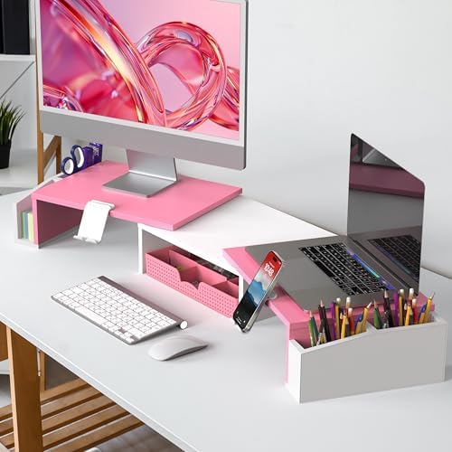 Simple Houseware Desk Dual Monitor Stand Riser with Drawer, Pink - Image 6