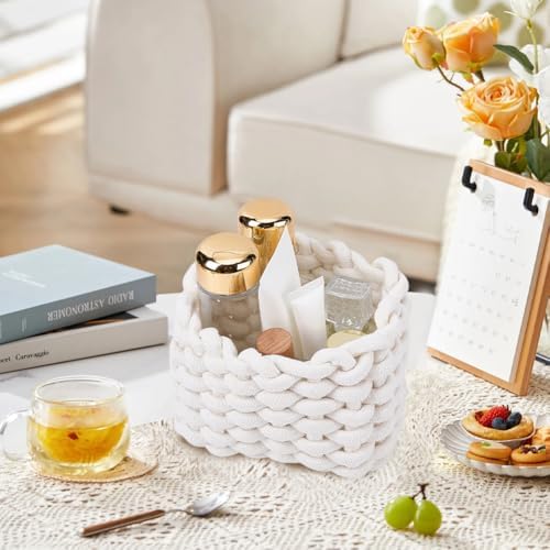 CREATCABIN Woven Small Baskets Cotton Rope Baskets for Organizing Bins White Mini Tiny Baskets Boho Square Storage Basket for Nursery Cosmetics Living Room Bathroom Cube Shelf Home Decor 7x5x6Inch - Image 6