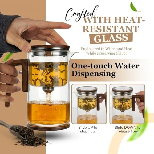 MIIKA Magic Glass Tea Pot with Infuser for Loose Tea – Bottom Dispense Stainless Steel Strainer, Borosilicate Glass, Elegant Tea Scoop, Protective Base and Drip-Free, Easy-to-Clean Design - Image 4