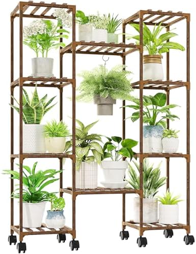 GENTINGBRO Plant Stand with Wheels Outdoor Indoor Hanging Plant Shelf for Multiple Plants Tall Large Holder for Living Room Patio Balcony Garden Corner Mobile by Gentingbro