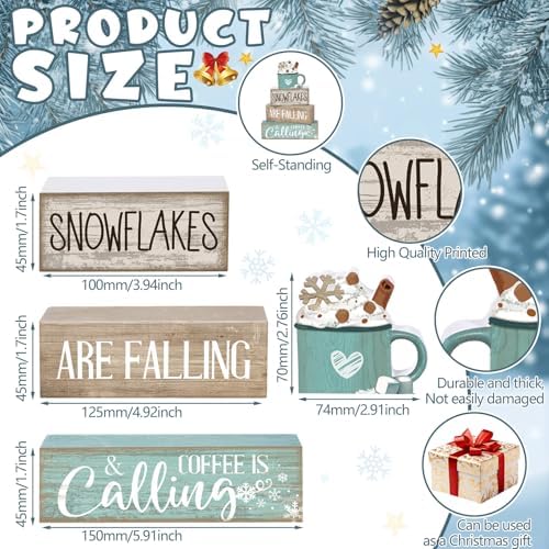 Moucuny 4 Pcs Wooden Block Signs Farmhouse Table Decor Winter Coffee Cup - Image 4