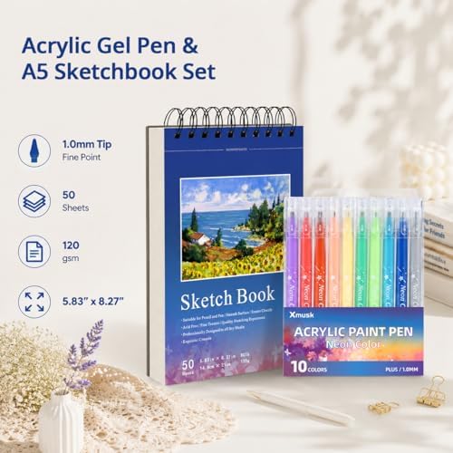 Acrylic Gel Pens for Coloring, 10 Colors Gel Pens with A5 Sketchbook - Image 2